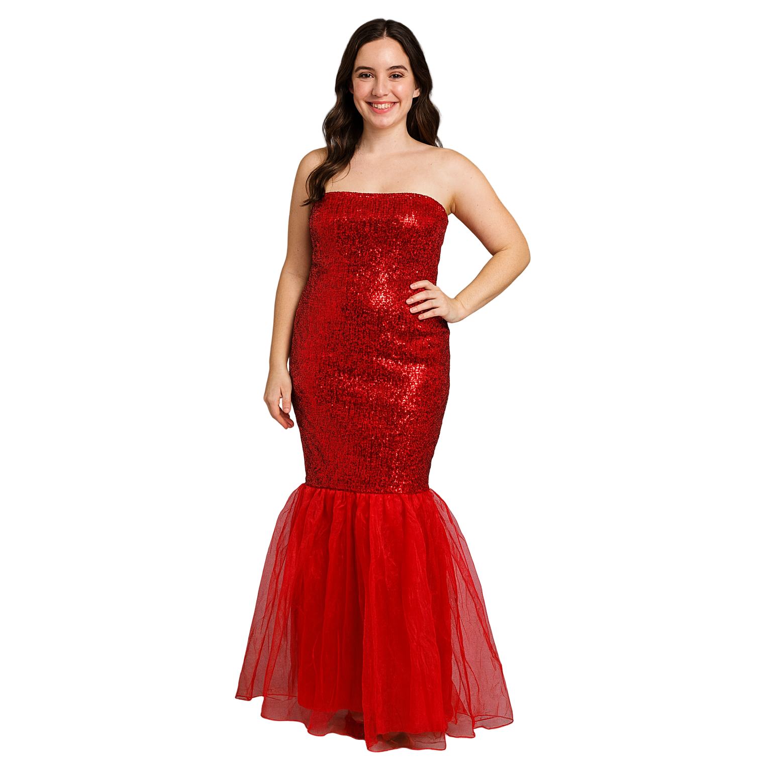 Woman wearing a red strapless dress with a mermaid tail design on a white background